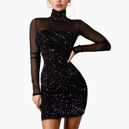 Damen Elegantes Bodycon Minikleid mit Stehkragen und Mesh-Ärmeln für Abend und Party