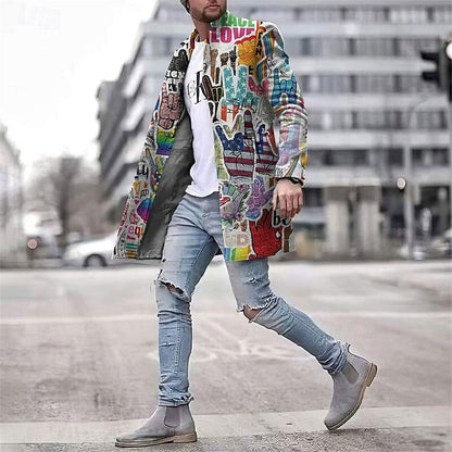 Herren Grafikmantel Modern Streetwear – Langer Mantel mit auffälligem Design für Alltag und Events