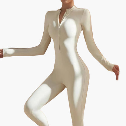 Damen Einteiler Langarm Jumpsuit mit Reißverschluss – Sportlich & Figurbetont für Freizeit und Fitness