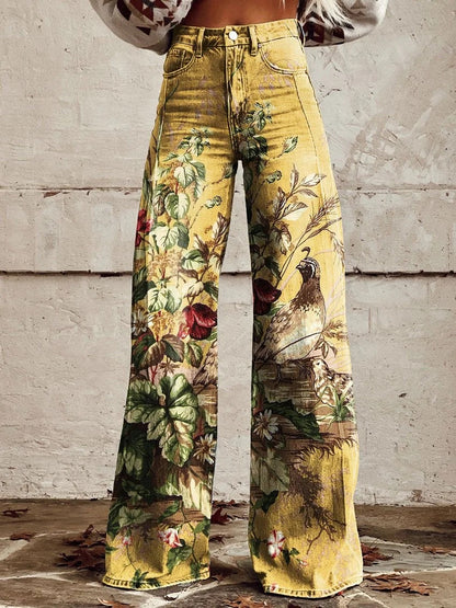 Damen Schlaghose mit auffälligem Blumenmuster im Retro-Stil