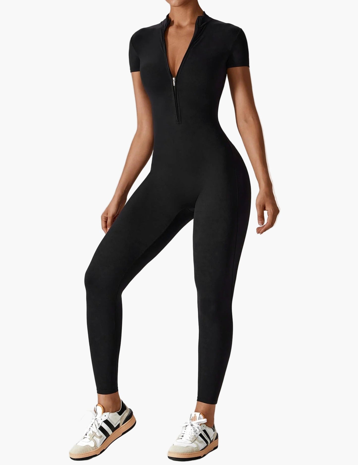 Damen Einteiler Langarm Jumpsuit mit Reißverschluss – Sportlich & Figurbetont für Freizeit und Fitness