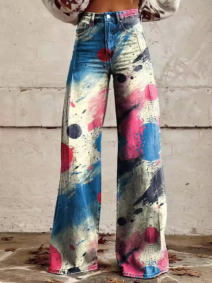 Damen Schlaghose mit auffälligem Blumenmuster im Retro-Stil