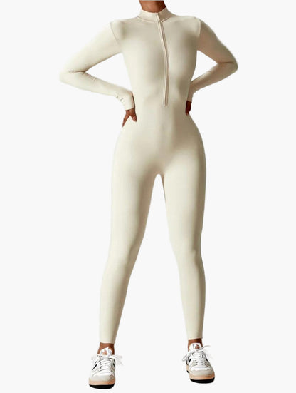 Damen Einteiler Langarm Jumpsuit mit Reißverschluss – Sportlich & Figurbetont für Freizeit und Fitness