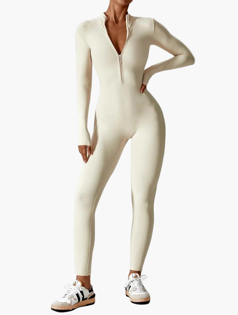Damen Einteiler Langarm Jumpsuit mit Reißverschluss – Sportlich & Figurbetont für Freizeit und Fitness