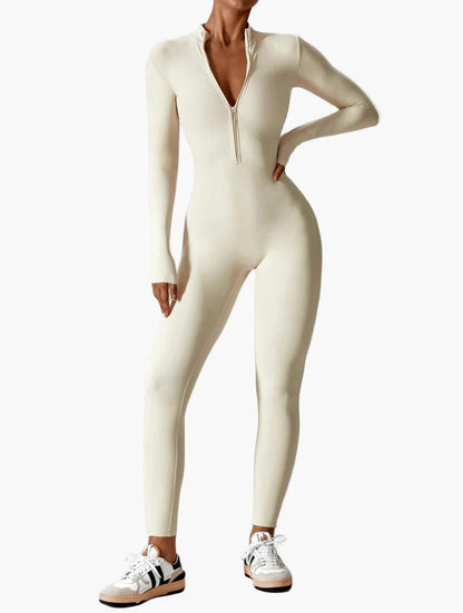 Damen Einteiler Langarm Jumpsuit mit Reißverschluss – Sportlich & Figurbetont für Freizeit und Fitness