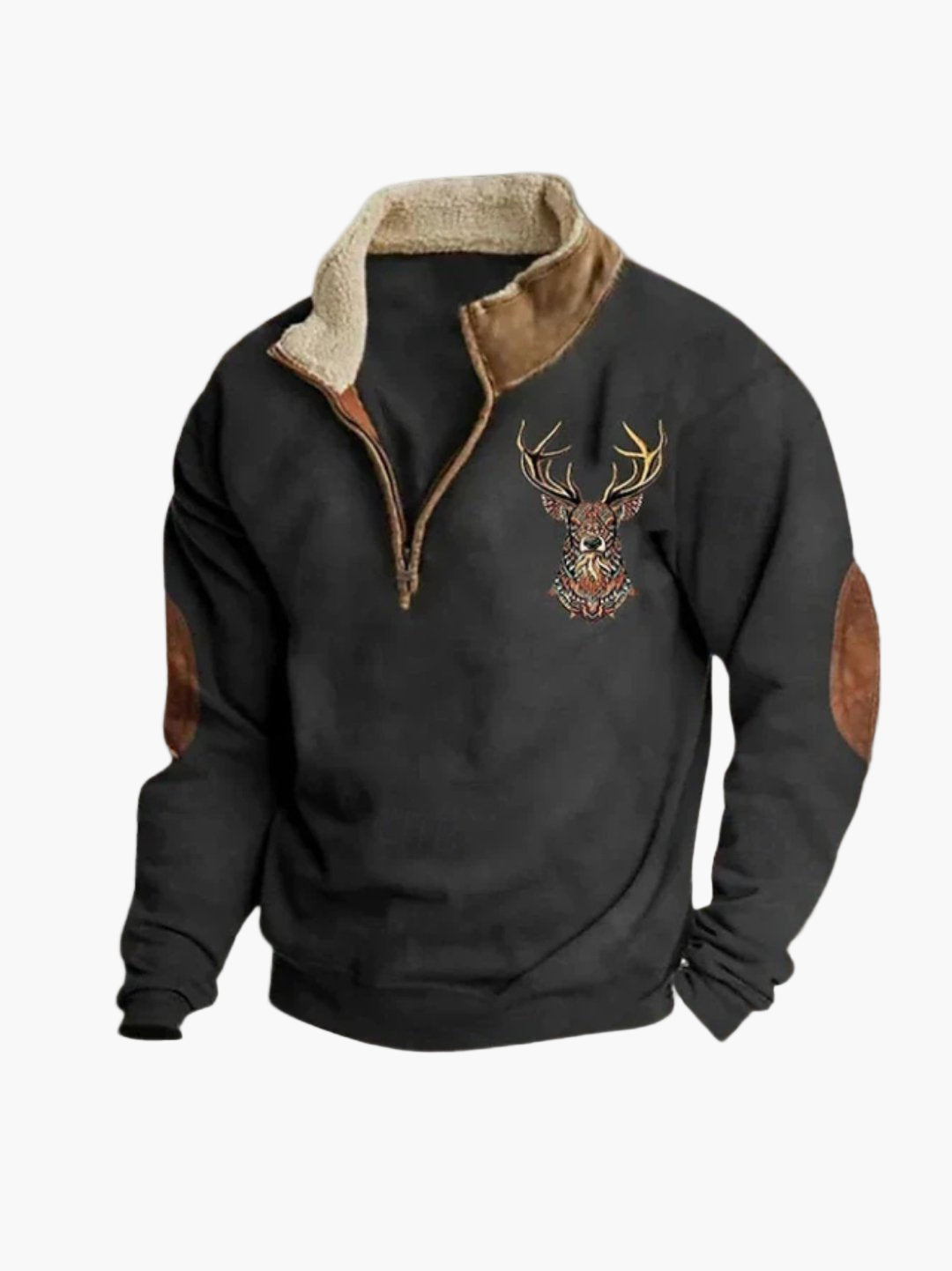 Herren Sweatshirt mit Viertelreißverschluss und Hirsch-Print – Lässiger Komfort für Outdoor & Alltag