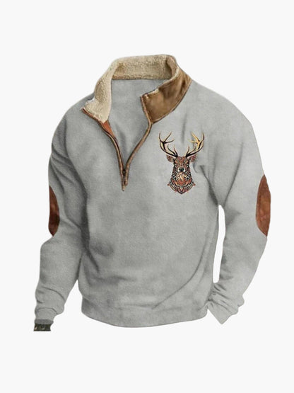Herren Sweatshirt mit Viertelreißverschluss und Hirsch-Print – Lässiger Komfort für Outdoor & Alltag