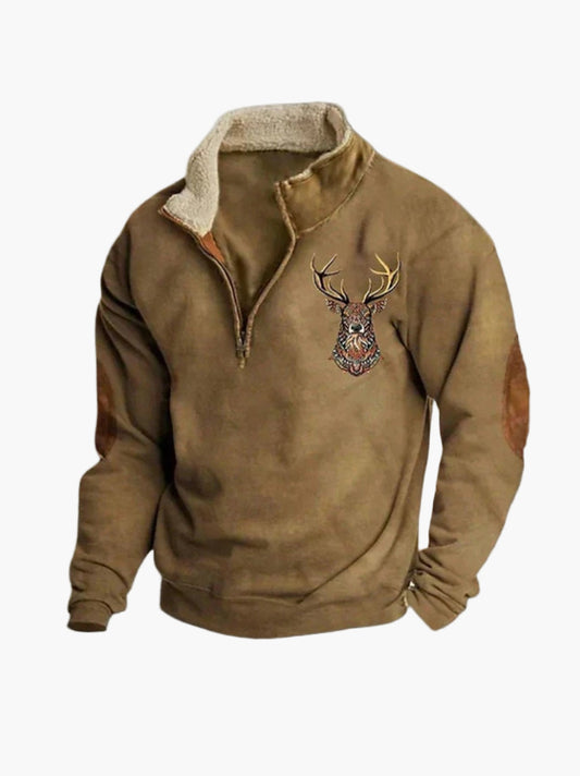 Herren Sweatshirt mit Viertelreißverschluss und Hirsch-Print – Lässiger Komfort für Outdoor & Alltag