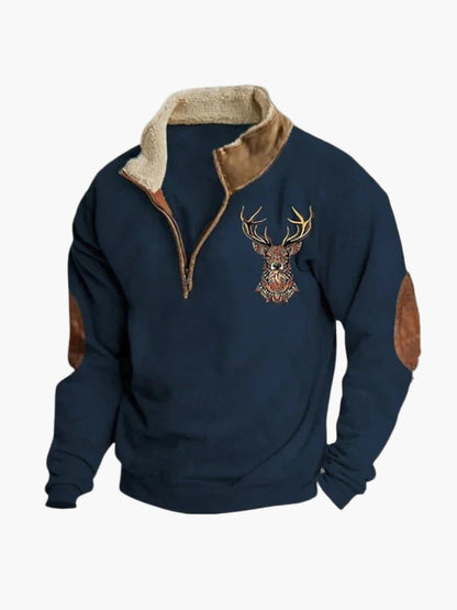 Herren Sweatshirt mit Viertelreißverschluss und Hirsch-Print – Lässiger Komfort für Outdoor & Alltag