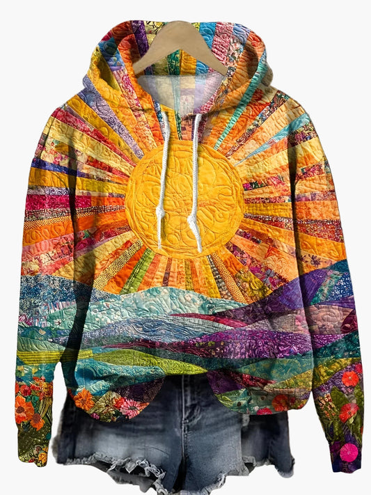 Damen Hoodie mit künstlerischem Sonnenaufgangs-Muster – Boho Style für Freizeit & Alltag