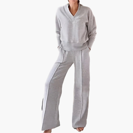 Damen Zweiteiler Lounge & Freizeit Set – Elegantes Sport- und Freizeitoutfit mit weitem Bein und V-Ausschnitt