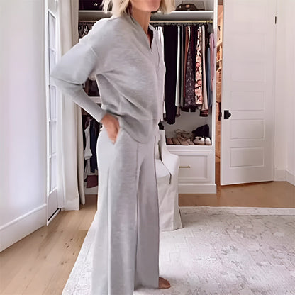 Damen Zweiteiler Lounge & Freizeit Set – Elegantes Sport- und Freizeitoutfit mit weitem Bein und V-Ausschnitt
