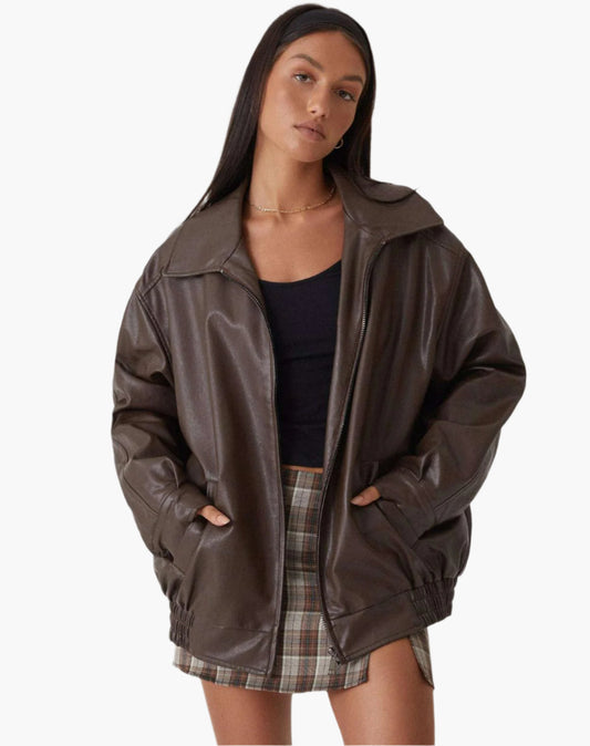 Damen Oversized Lederjacke im Vintage-Look für Freizeit und Streetstyle