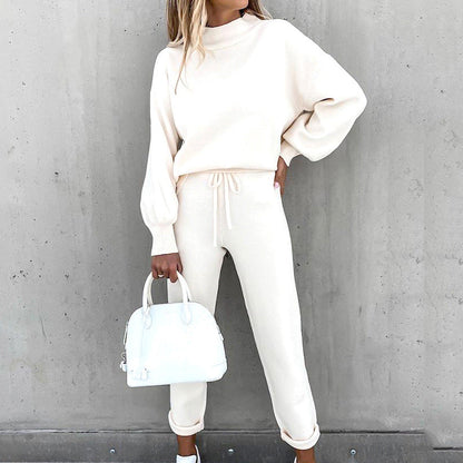 Damen Loungewear Zweiteiler Set mit Stehkragenpullover und High-Waist Hose – Komfortable Freizeitmode