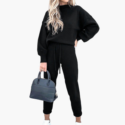Damen Loungewear Zweiteiler Set mit Stehkragenpullover und High-Waist Hose – Komfortable Freizeitmode
